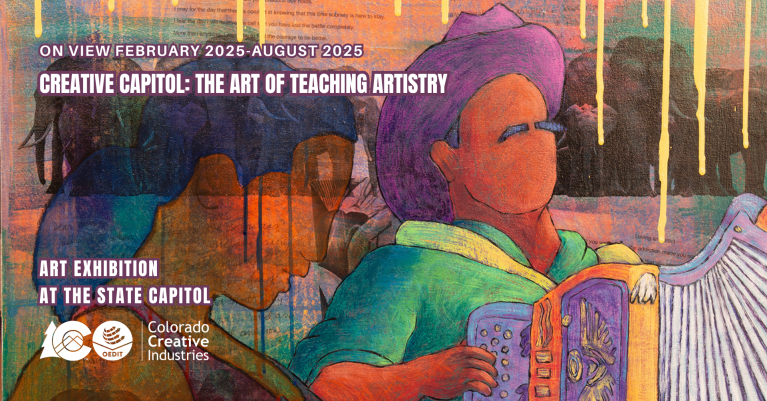 A textured painting of a musician in a purple cowboy hat playing an accordion, with altered, warm-toned background. Dripping yellow paint adds texture. The text announces the Creative Capitol exhibition.