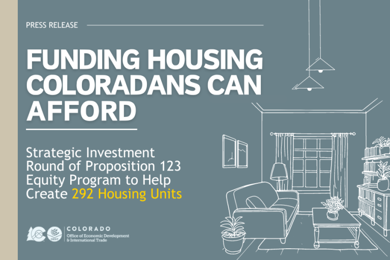 Press Release Image: Funding Housing Coloradans Can Afford Strategic Investment Round of Proposition 123 Equity Program to Help Create 292 Housing Units featuring an outline drawing of a living room