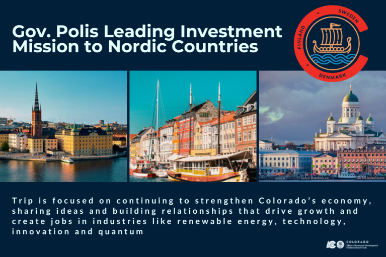 three images of buildings in Denmark, Sweden and Finland with the title Gov. Polis Leading Investment Mission to Nordic Countries