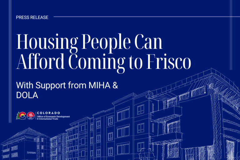 Press release image announcing 'Housing People Can Afford Coming to Colorado' with support from MIHA & DOLA, featuring architectural blueprint of a building and logos of Colorado Office of Economic Development and International Trade.