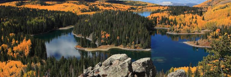 Overlook of Grand Mesa, Colorado with yellow aspens and lakes