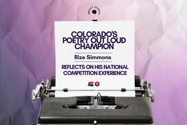 Banner of a typewriter and the paper says "Colorado's Poetry Out Loud Champion Rize Simmons Reflects on his National Competition Experience"