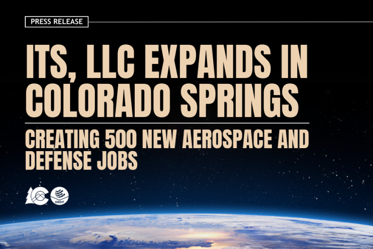Press release image announcing "ITS, LLC expands in Colorado Springs, creating 500 new aerospace and defense jobs." The background features a view of Earth from space.