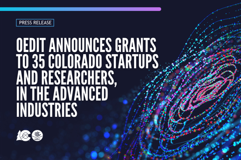Press release graphic from OEDIT announcing grants to 35 Colorado startups and researchers in the advanced industries, featuring colorful swirls of digital light on a dark background.