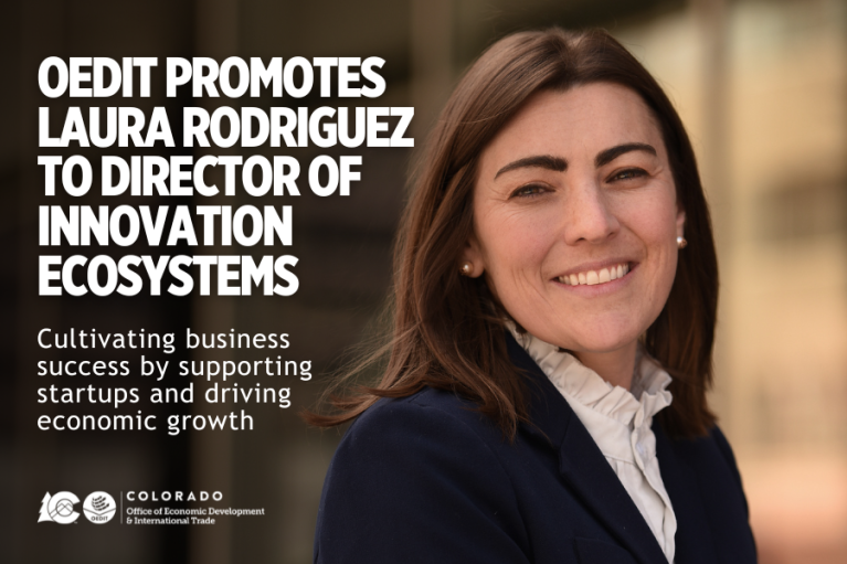 Headshot of Laura Rodriguez with press release title and the words "Cultivating business success by supporting startups and driving economic growth" and the OEDIT logo in bottom left corner