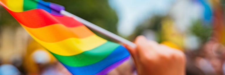 person waves rainbow flag