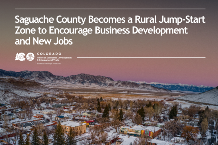Title: Saguache County Becomes a Rural Jump-Start Zone to Encourage Business Development and New Jobs. Photo of an aerial view of the county powdered with snow during sunset.