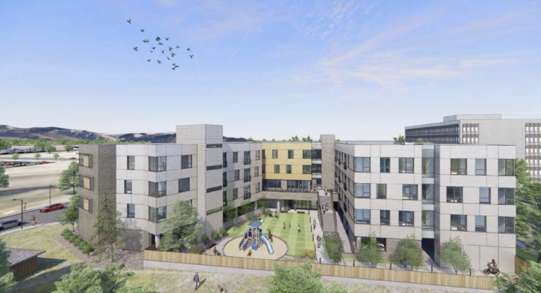 Virtual rendering of a four story modern apartment building in the shape of a U. In the center of the U is a children's park. The building is grey except for a yellow section at the back of the u behind the park. Birds fly overhead in a blue sky and a commercial building is seen in the background. 