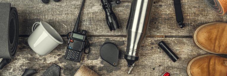 travel hiking equipment tools, view from above