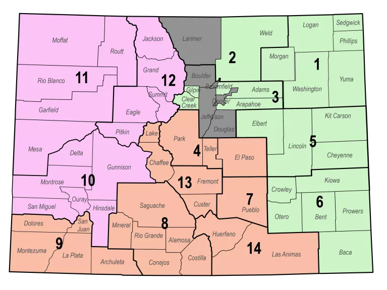 2023 Rural Opportunity Office Colorado Region Map. The map is divided in tones of light purple, red, green, and gray. The Purple is on the left corner and western part of Colorado. The Light red is in the southern part of Colorado. The light green is on the Eastern part of Colorado and the gray is in the middle and northern part of the state. See table column below for additional information on image content