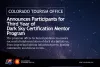 Dark skies press release image. Image features a description of the program and the announcement of third year of participants in the program. Text is over an image of the milky way over mountainous foreground
