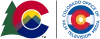 On the left a red and blue C with yellow in the middle, and mountains coming up in green and blue, with a tree on the side. On the right the Colorado flag surrounded by the words colorado office of film television media