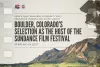 Promotional graphic announcing Boulder, Colorado's selection as the host of the Sundance Film Festival starting in 2027, with a scenic backdrop of mountains.