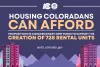 Promotional graphic titled "Housing Coloradans Can Afford," announcing Colorado's Debt Proposal supports 728 new rental units, featuring logos for Housing and OEDIT against a backdrop of stylized city buildings and mountains.
